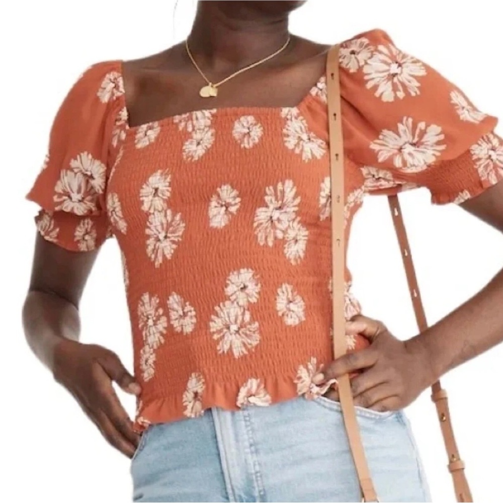 Madewell Georgette Lucie Puff Sleeve Smocked Top Rust Floral Square Neck Size M